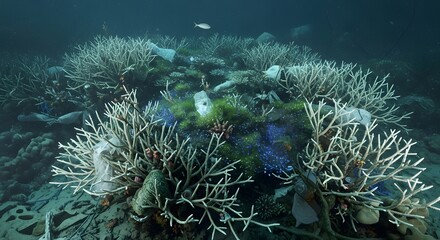 Underwater coral reef ecosystem with diverse marine life and vibrant coral formations in clear ocean water