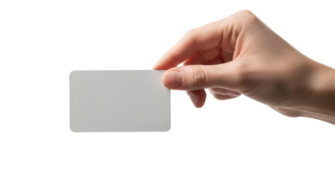 Hand holding a blank white square card isolated on transparent background