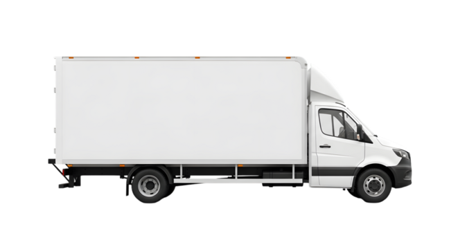 White delivery box truck isolated on transparent background
