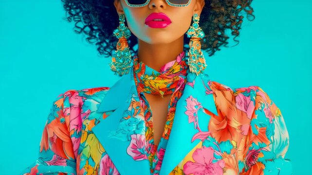 Captivating fashion statement featuring person with curly hair, flamboyant floral attire, and dazzling oversized ear adornments