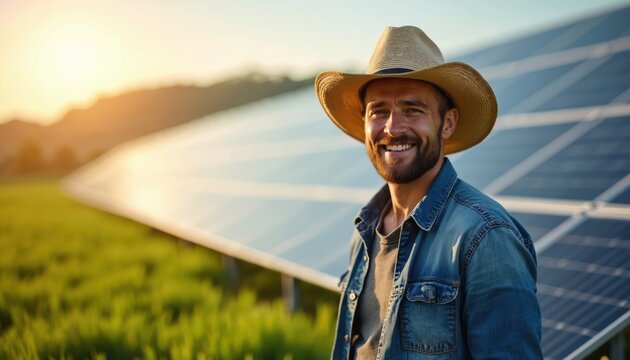 European farmer smiles in front of solar panels. Man in cowboy hat works on green farm with clean energy. Agriculture utilizes sustainable tech for power. - Powered by Adobe