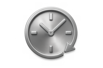 Silver metallic clock icon with a circular arrow indicating repeat or history, symbolizing time management and scheduling