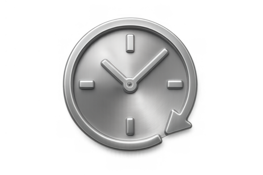 Silver metallic clock icon with a circular arrow indicating repeat or history, symbolizing time management and scheduling