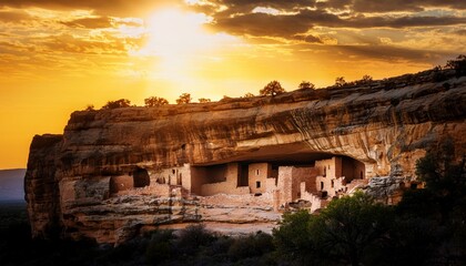 ancient cliff dwellings under a golden sun