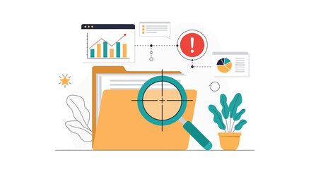Illustration of a folder with a magnifying glass, charts, and an alert symbol, representing data analysis.