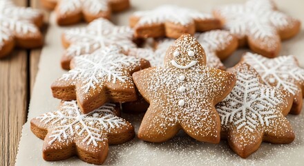 Festive gingerbread cookies with decorative icing and powdered sugar.