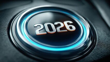 Close-up of a futuristic button with "2026" inscription and blue glow, on dark surface - Powered by Adobe