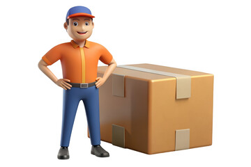 3d cartoon delivery man with box, courier service character, package shipping, postal worker, express delivery, logistics, isolated on transparent background