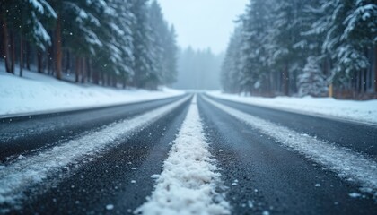 Snowy road stretches into misty winter landscape. Falling snowflakes blanket asphalt creating serene, isolated scene. Dark road leads through dense evergreen forest under cloudy sky, evoking feelings