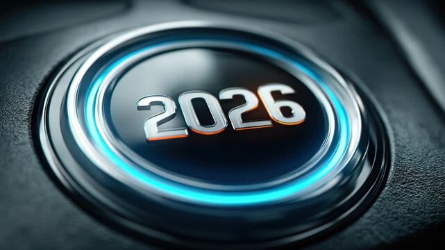 Close-up of a futuristic button with "2026" inscription and blue glow, on dark surface