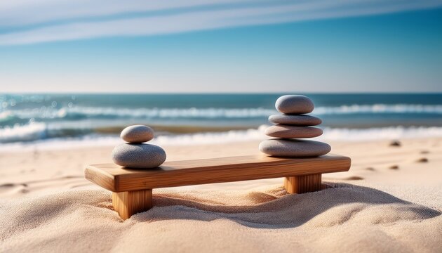 zen stones jy wooden banch on the beach near sea outdoor