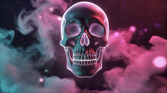 Ethereal Skull Surrounded by Swirling Pink and Teal Smoke and Bokeh Lights human skull death