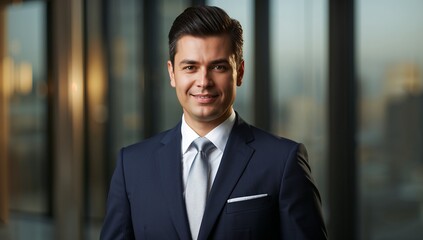 Professional businessman in formal suit with urban backdrop at sunset
