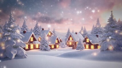 Enchanting snow-covered village at twilight with glowing windows and sparkling lights winter - Powered by Adobe