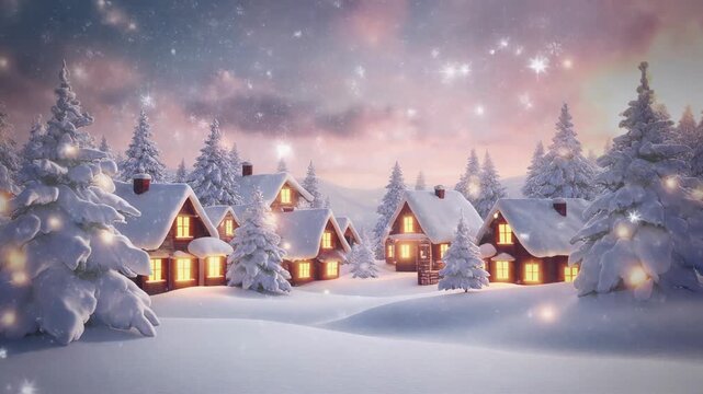 Enchanting snow-covered village at twilight with glowing windows and sparkling lights winter