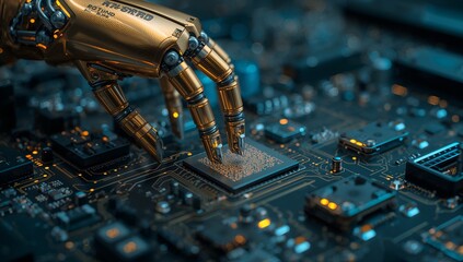 Robotic Hand Interacting with Microprocessor on Circuit Board