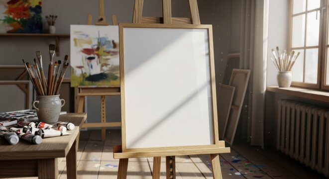 Empty wooden easel in bright art studio with supplies and sunlight