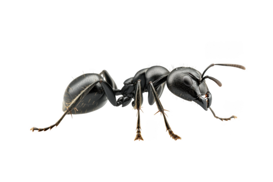 Detailed macro photo of a black ant insect arthropod pest bug close-up stock image illustration vector isolated on transparent background