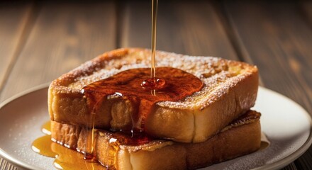 French Toast with Maple Syrup and Powdered Sugar on White Plate