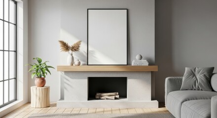 Naklejka premium Elegant interior with blank frame mock-up above fireplace and cozy ambiance for creative