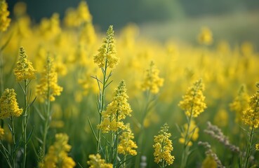 Obraz premium Field of bright yellow weld flowers, Reseda luteola, blooming in summer sunlight on dunes. Green stems and leaves contrast with vibrant petals. Floral background blur.