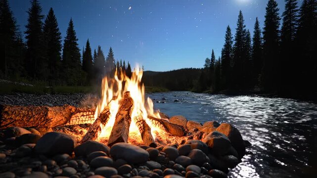 Campfire burning brightly by a river at night under a starry sky.