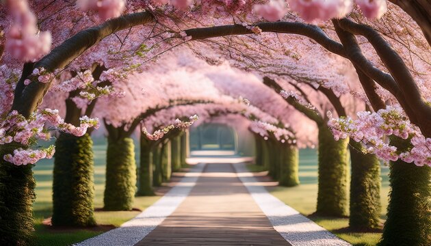 delicate pink blossoms form a beautiful arch along a tranquil pathway