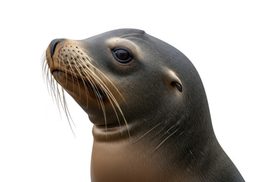 Detailed close-up of a sea lion head looking upward with whiskers and eye detail, marine mammal portrait, isolated on transparent background