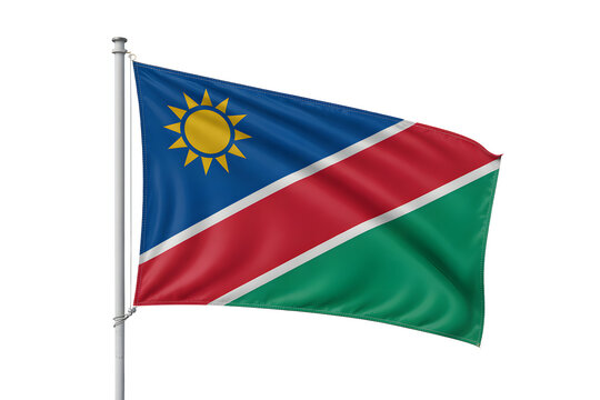 Stunning Namibian flag waving proudly on a flagpole, representing national pride and international relations with vibrant colors.