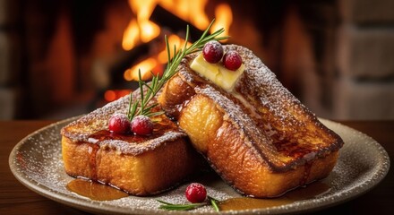 French Toast with Butter, Cranberries, and Maple Syrup by the Fireplace