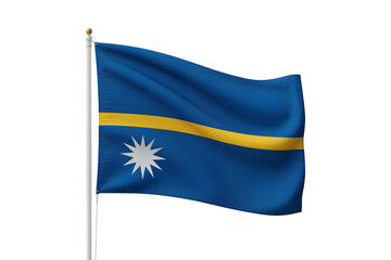 Nauru national flag waving proudly on a flagpole against a clean white backdrop, symbolizing national pride and identity