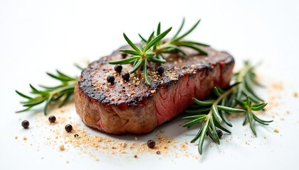 Juicy beef steak with rosemary sprigs and peppercorns. Seasoned with coarse salt and spices. Perfectly grilled sirloin cut served on white plate. Restaurant quality meal.