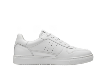 High-resolution white leather sneaker, fashionable footwear, casual style, trendy shoes, athletic gear, sporty look, comfortable trainer isolated on transparent background