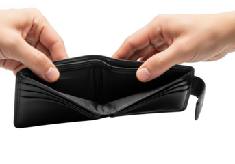 Empty wallet, financial crisis, debt, poverty, recession, bankruptcy, no money, economy, hand holding wallet, lack of funds, unemployed, isolated on transparent background