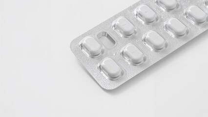 White tablets in blister packs on white background. Clean pharmaceutical backdrop for healthcare, medicine, pharmacy, treatment and drug packaging concepts with copy space.