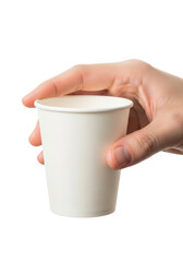 Hand holding white paper cup disposable drink container coffee tea beverage takeaway mockup presentation design element isolated on transparent background