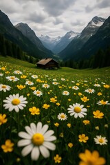 Fototapeta premium Alpine Meadow with Mountain Cabin