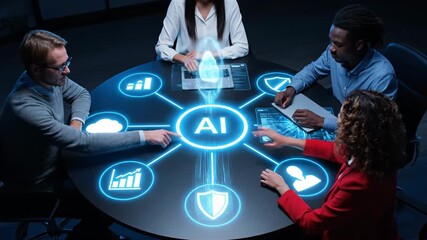 Diverse team collaborating around a table with ai concept and glowing icons representing data and security - Powered by Adobe