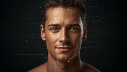 Portrait of a Young Man with Digital Circuit Background Design