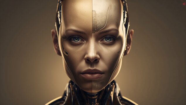 Futuristic Female Robot with Half Human Face and High-Tech Features - Powered by Adobe