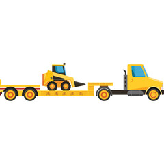 Yellow flatbed truck carrying a yellow skid steer loader on a white background with a transparent background in vector art style