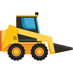 Naklejka premium Yellow compact construction vehicle with black tires and blue windows isolated on white background for industrial use