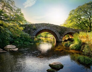 ancient stone arch bridge over a serene stream