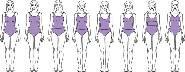 Collection of female line art characters in purple swimsuits, showing different body types, figures, and hairstyles, concept for beauty, diversity, comparison.