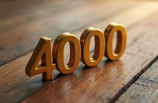 Golden number 4000 stands on an old brown wood surface. Sunlight shines on the shiny metal letters creating soft light. This represents a big achievement, success, and a significant milestone total.