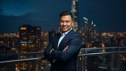 Confident Businessman Posing with City Skyline at Night
