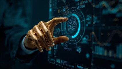 Futuristic Touch Interface With Golden Hand and Data Visualizations