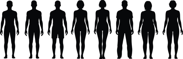 Silhouette collection of diverse male and female human body figures standing in row for anatomy reference, design, modeling, illustration use