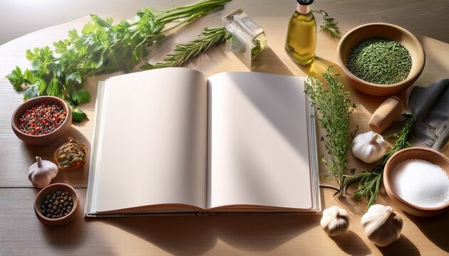 open blank cookbook mockup in sunlit kitchen with herb and spice