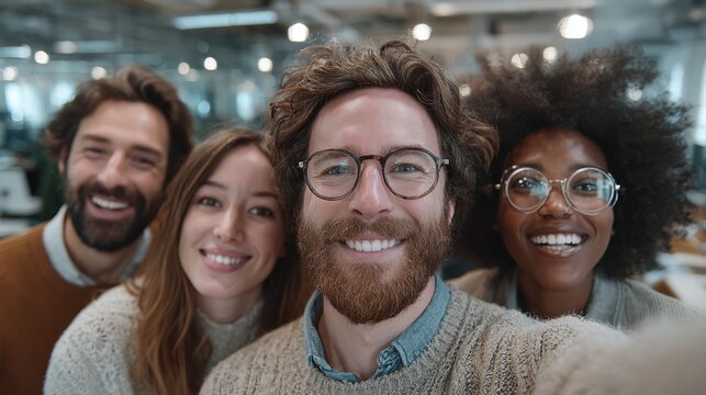 Happy diverse office workers take a group selfie during their break in open workspace to post on social media